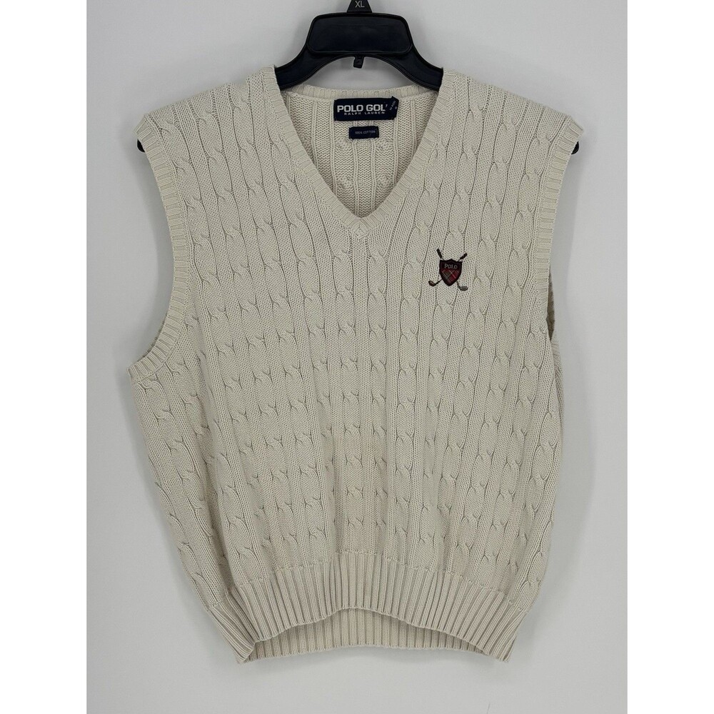 Vintage Men's Polo Ralph Lauren Cable Knit Sweater Vest Golf Logo Size XL Cream
